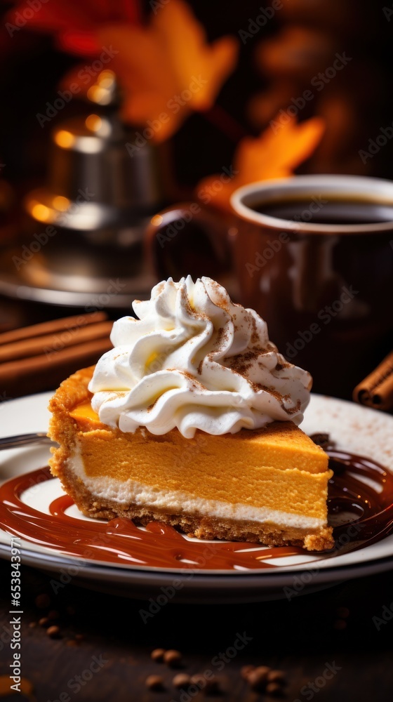 Plate of delicious pumpkin pie with whipped cream