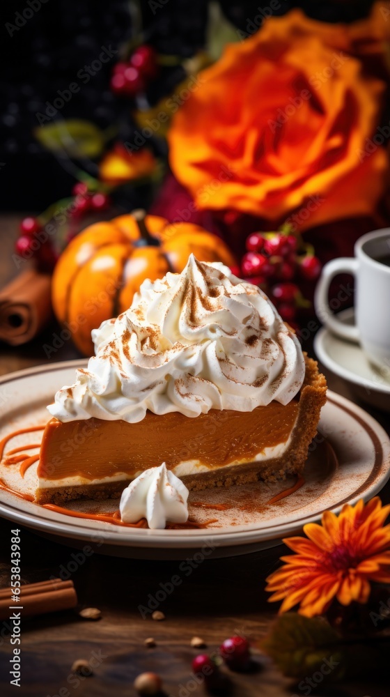 Plate of delicious pumpkin pie with whipped cream