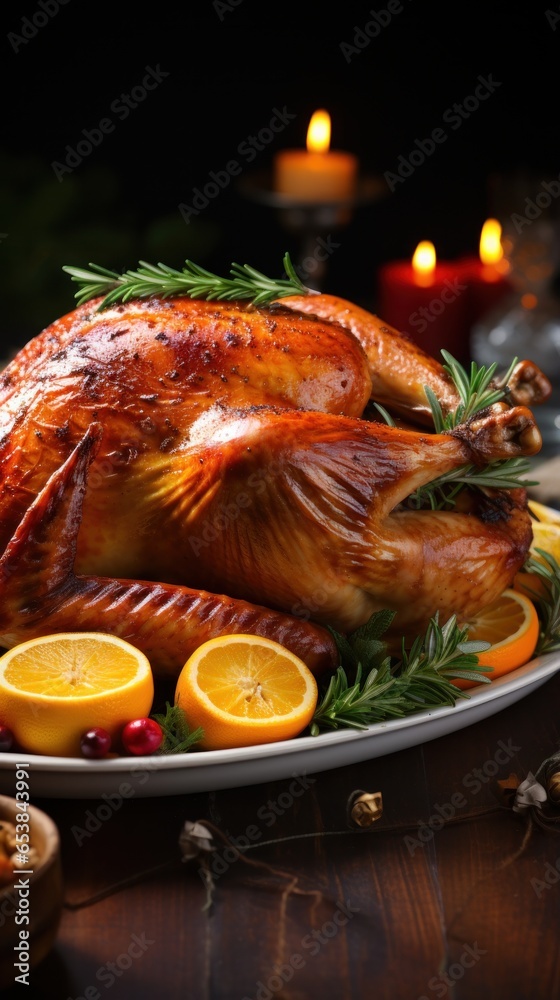 Close-up of golden-brown roasted turkey