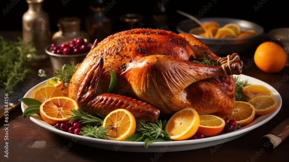 Close-up of golden-brown roasted turkey