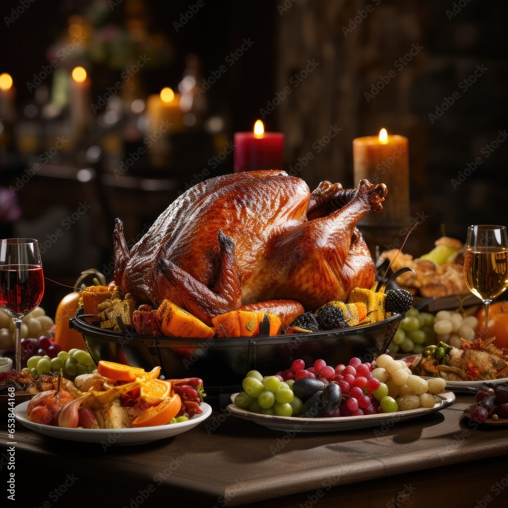 Festive table with turkey pumpkins and cornucopia