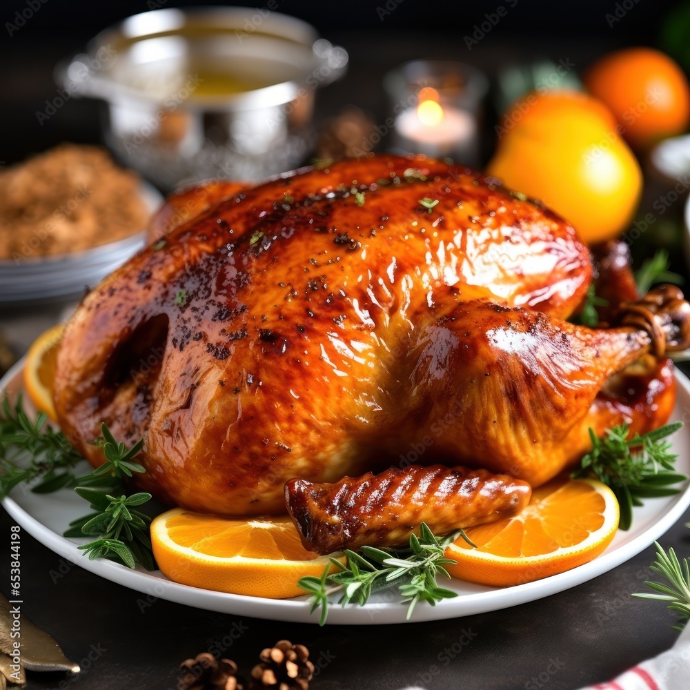 Close-up of golden-brown roasted turkey