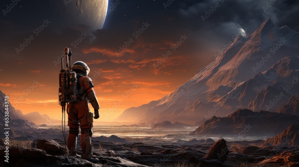 Astronaut exploring surface of a distant planet