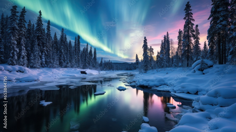 Aurora borealis over snow-covered landscape