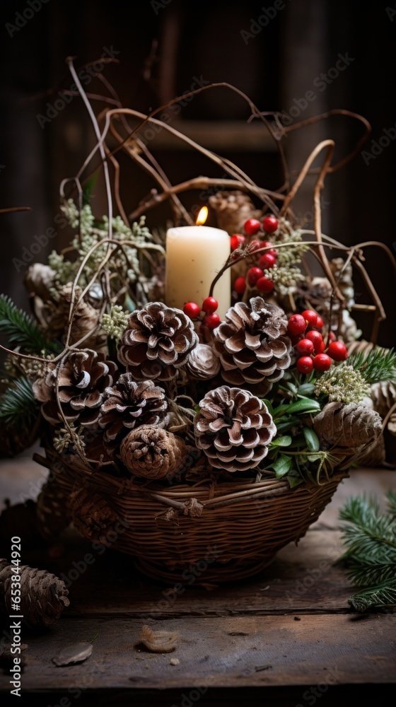 Rustic centerpiece made of twigs and pine cones