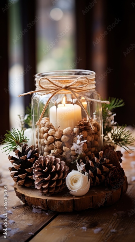 Rustic centerpiece made of twigs and pine cones