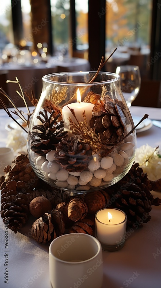 Rustic centerpiece made of twigs and pine cones