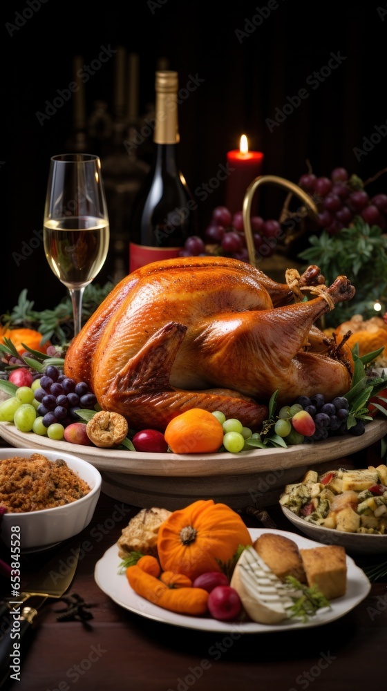 Festive table with turkey pumpkins and cornucopia