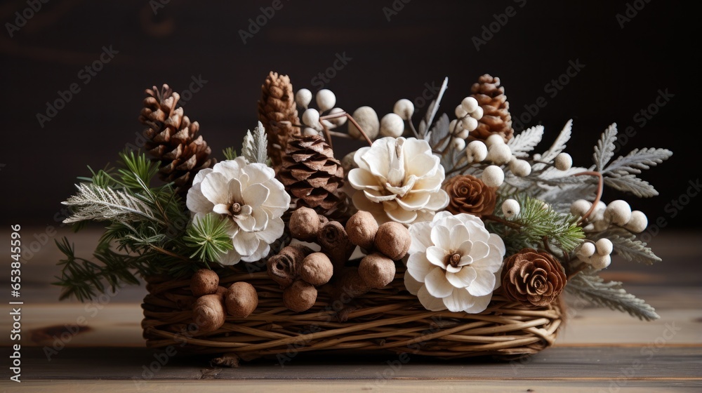 Rustic centerpiece made of twigs and pine cones