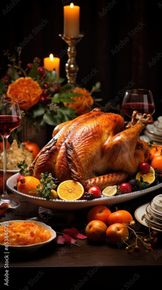 Festive table with turkey pumpkins and cornucopia