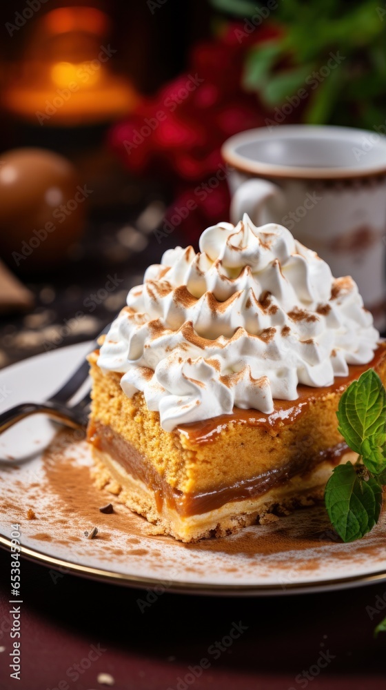 Plate of delicious pumpkin pie with whipped cream