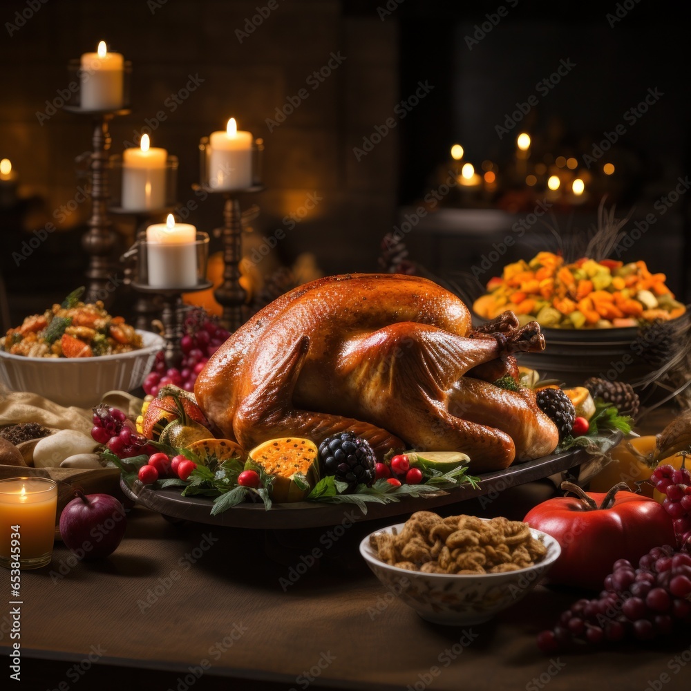 Festive table with turkey pumpkins and cornucopia