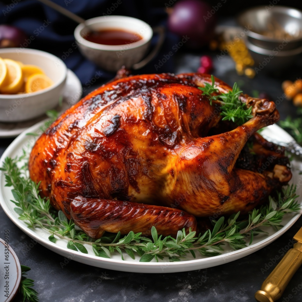 Close-up of golden-brown roasted turkey