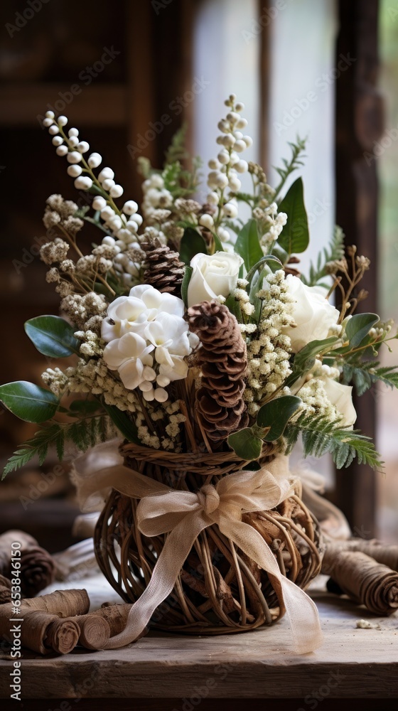 Rustic centerpiece made of twigs and pine cones