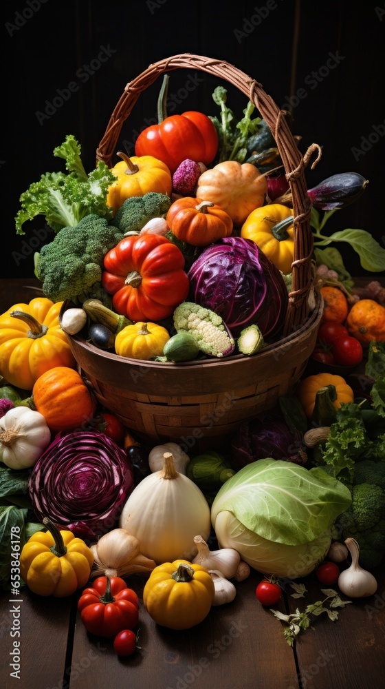 Colorful fall vegetables arranged in rustic basket