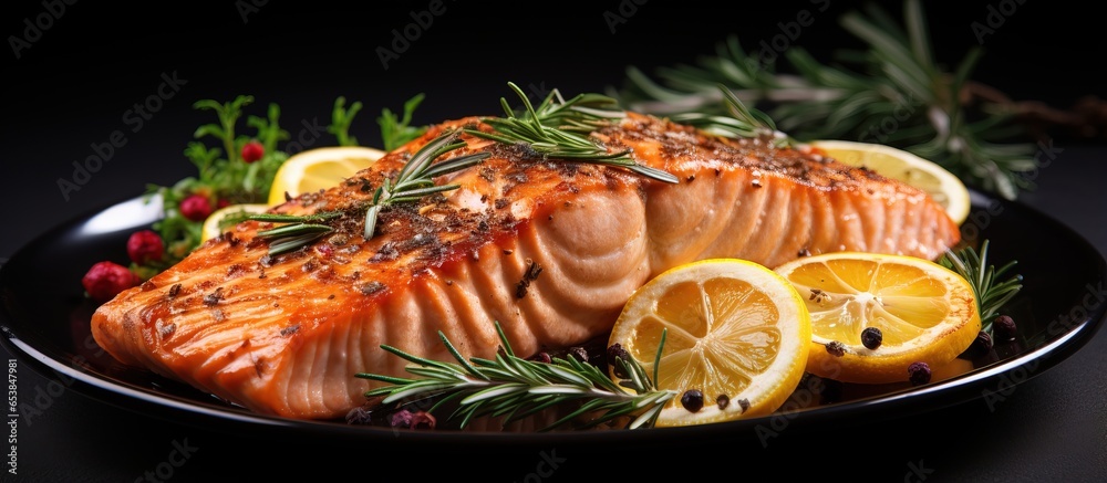 Rosemary lemon baked salmon with vegetables Seafood recipe Side view Space for text