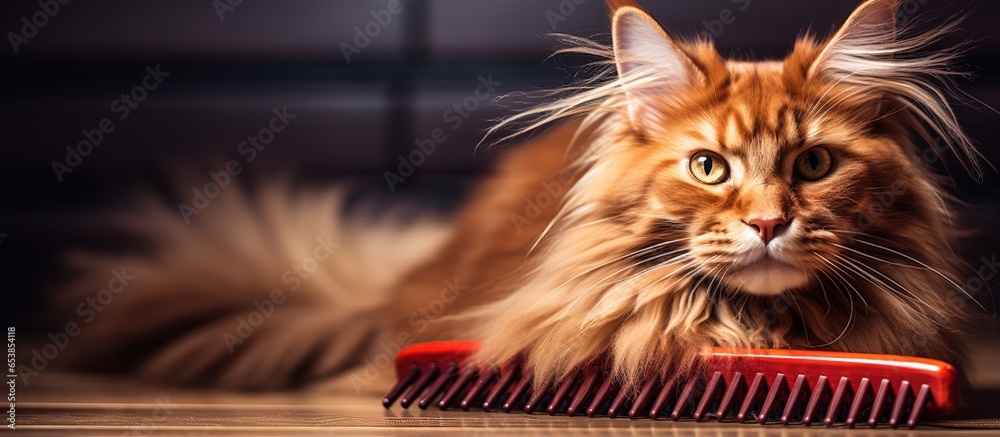 Close up of a wooden floor with a red Maine Coon cat and a comb holding its fur