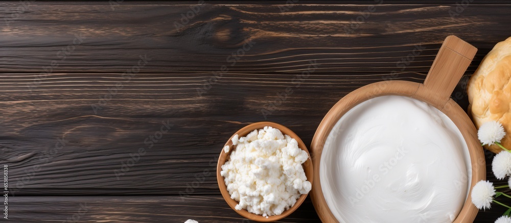 top down view of cottage cheese buns on wooden surface text space