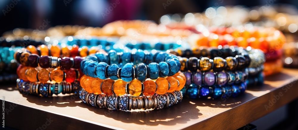 Stylish handcrafted bracelets in a jewelry store display