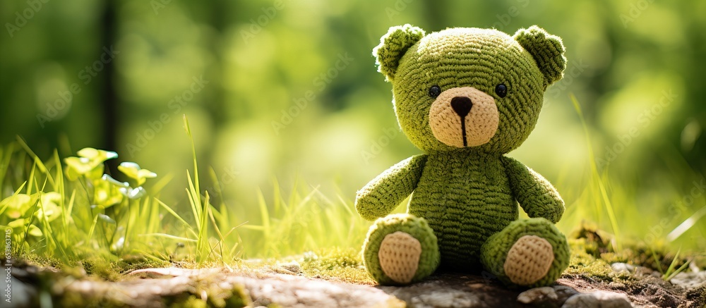 Sunny summer day with eco friendly handmade toy bear on grass