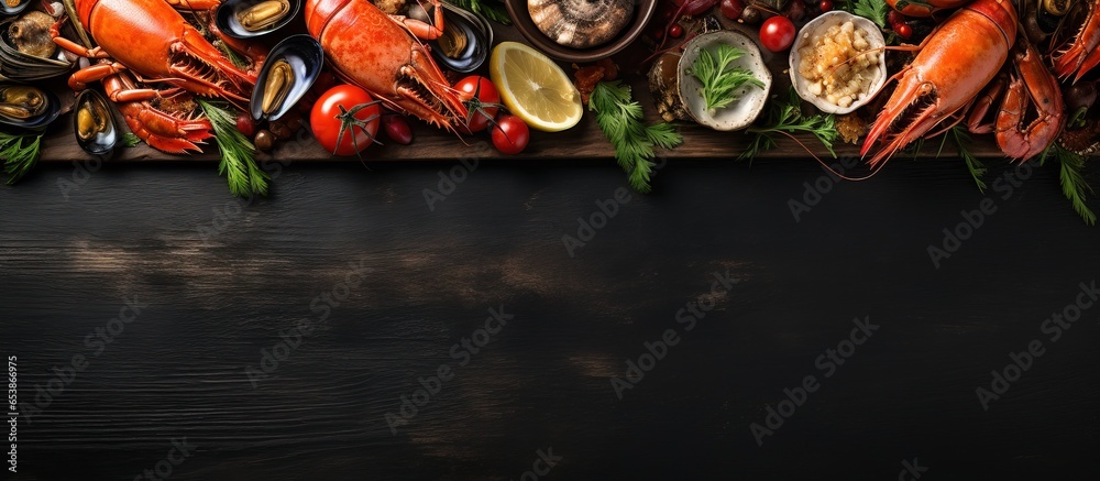 Seafood platter with shrimp crab clams and other delicious mollusk varieties placed on a rustic table with open space for copying