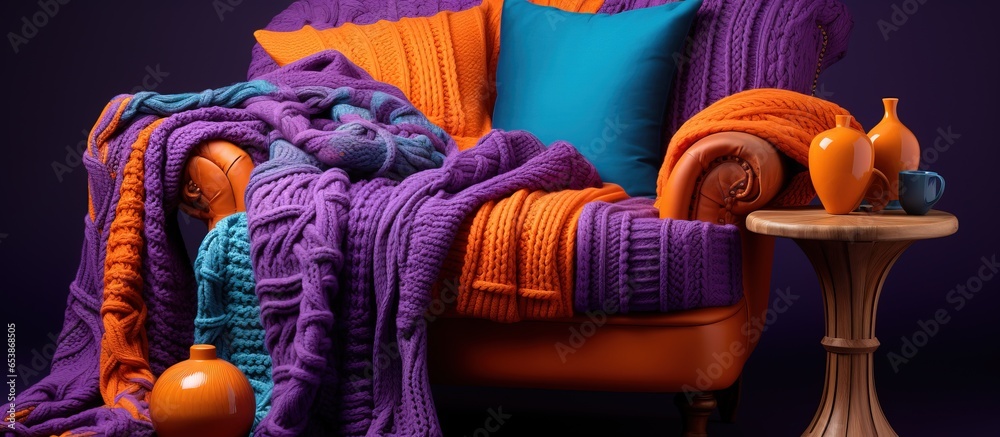 Colorful knitted bed throws and cushions on the seat