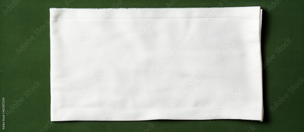 Blank laundry care label on green fabric background