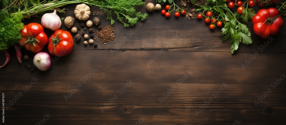 Food background with ingredients and cutting board on a wooden table