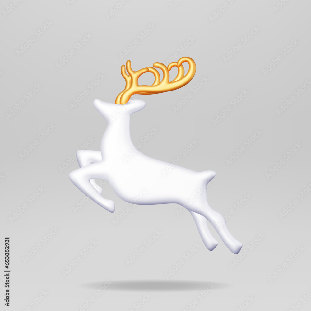 3D Christmas Deer Statue Isolated. Render Ceramic Gold Deer Figurine. Cute Deer with Antlers. Happy New Year Reindeer Decoration. Merry Christmas Holiday New Year Xmas Celebration. Vector Illustration