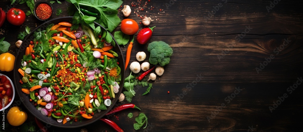 Randomly arranged fresh vegetables and spices around a frying pan wok on a wooden table from a high angle view