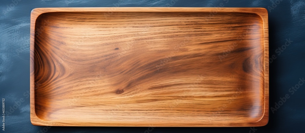 Rectangular wooden tray on dark blue table minimal kitchen flat lay