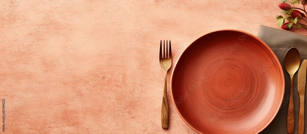 Eco friendly ceramic tableware with copy space empty plate cutlery minimalism and ceramics