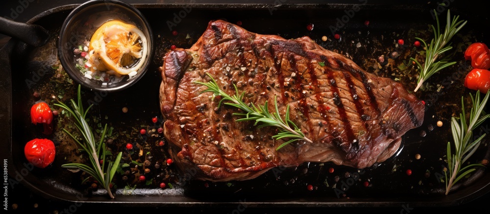 Chef preparing ribeye steak with butter thyme and garlic in the kitchen overhead shot