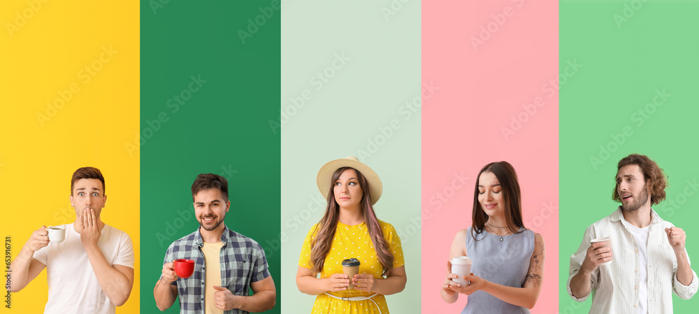 Set of different people drinking coffee on color background