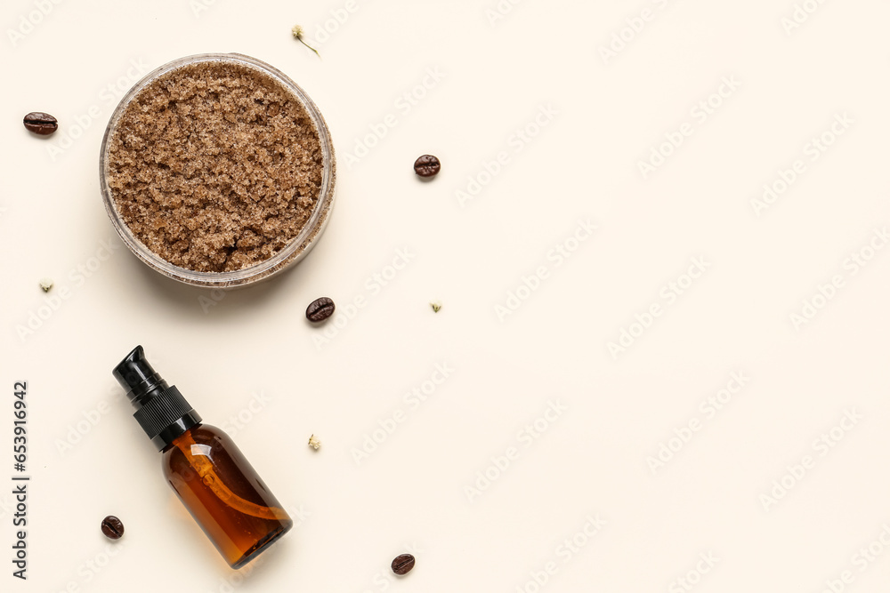 Composition with natural body scrub and bottle of cosmetic product on light background