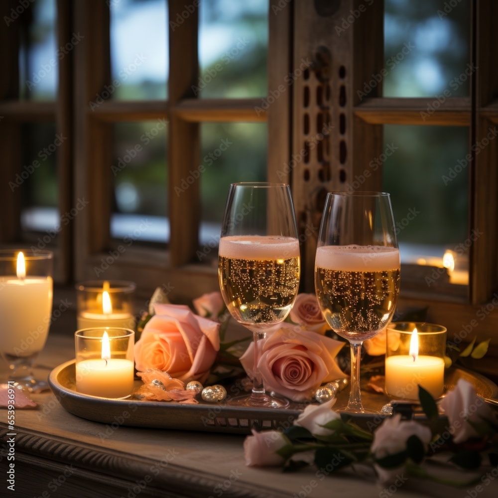 Bubble bath with candles and wine