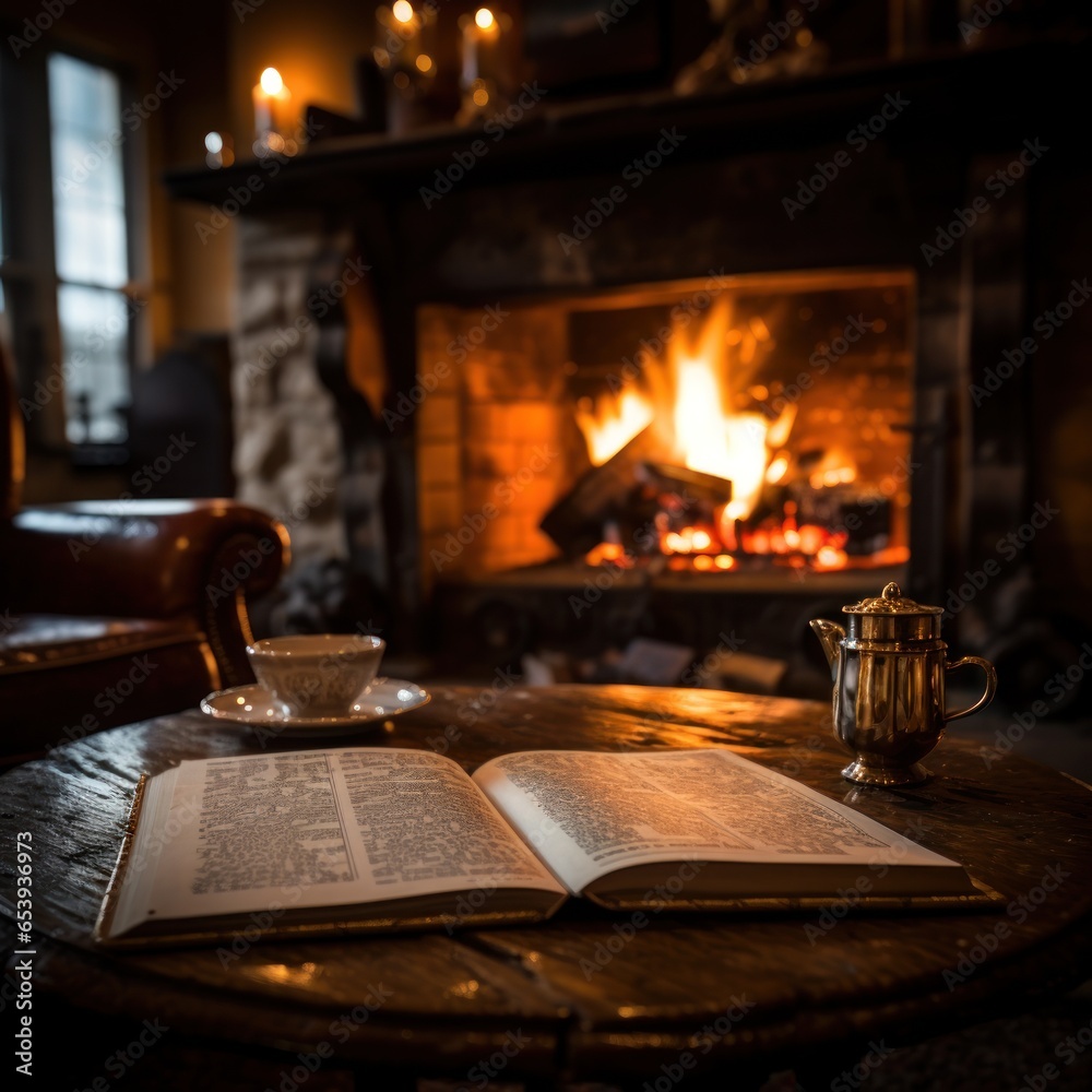 Coffee and books by the fireplace