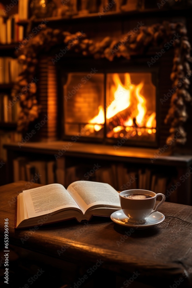 Coffee and books by the fireplace