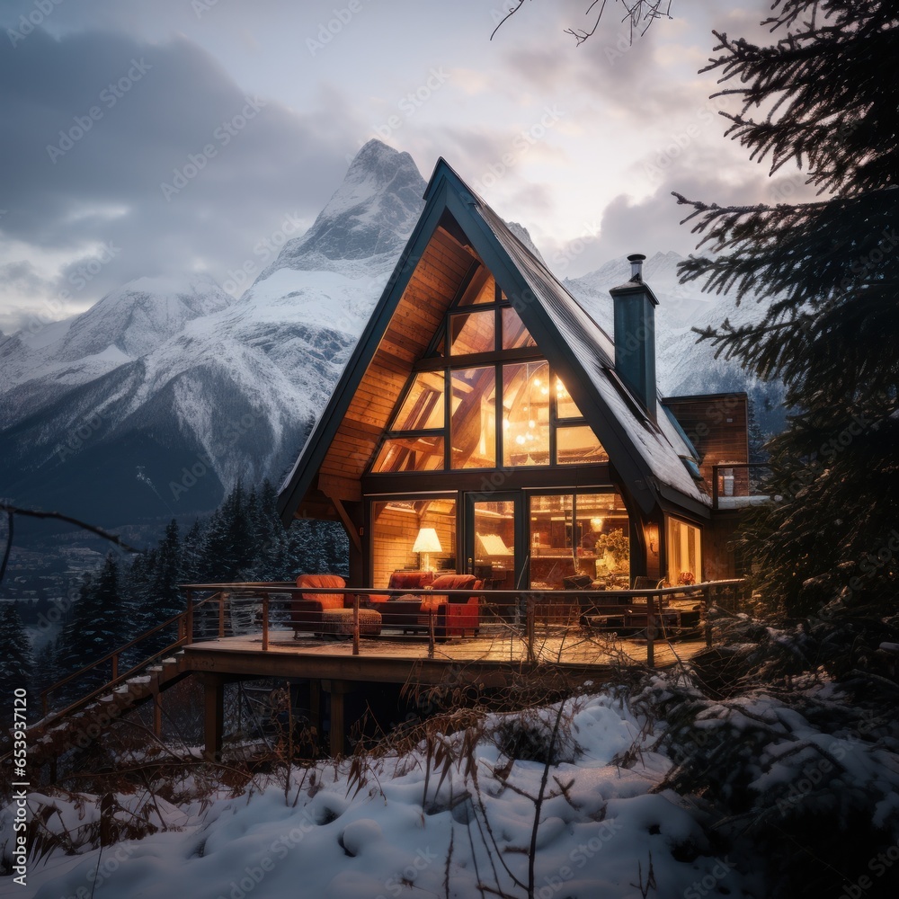 Cozy cabin with snowy mountain views