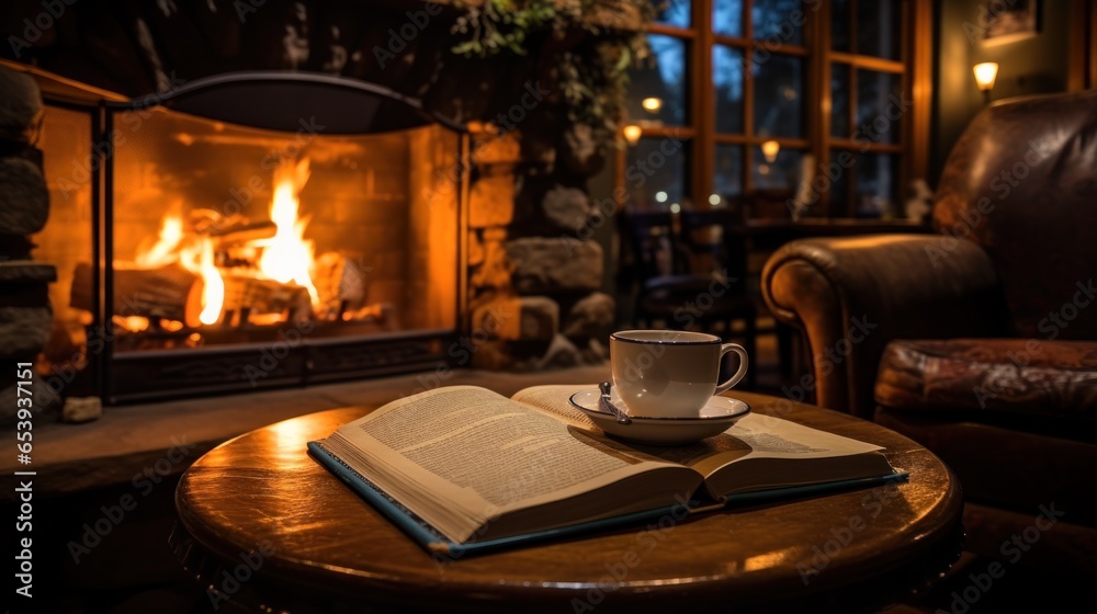 Coffee and books by the fireplace