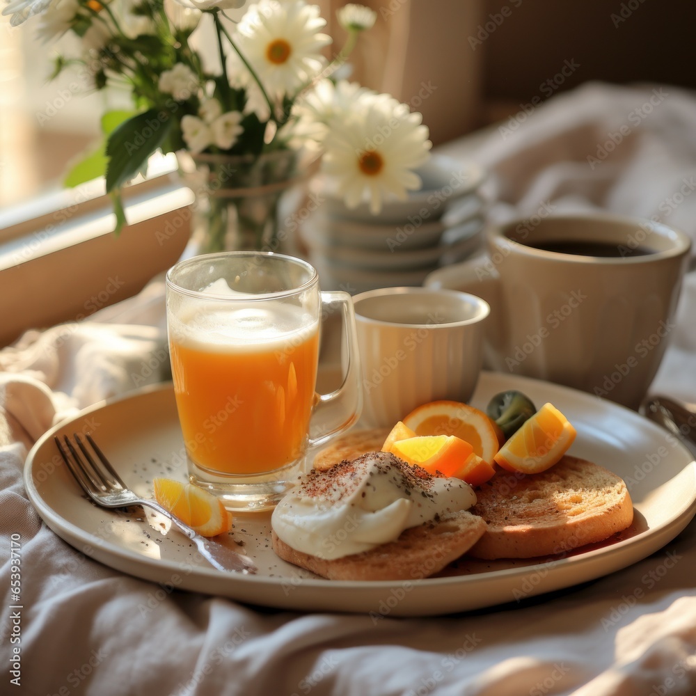 Lazy morning in bed with breakfast