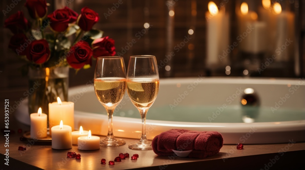 Bubble bath with candles and wine