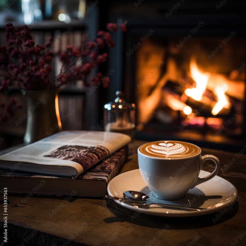 Coffee and books by the fireplace