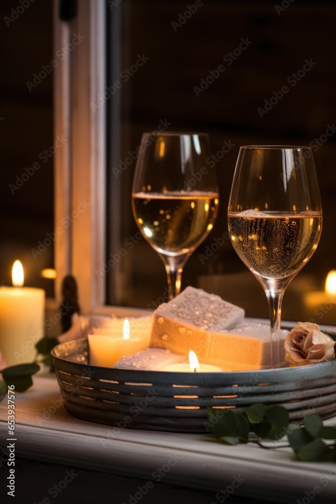 Bubble bath with candles and wine