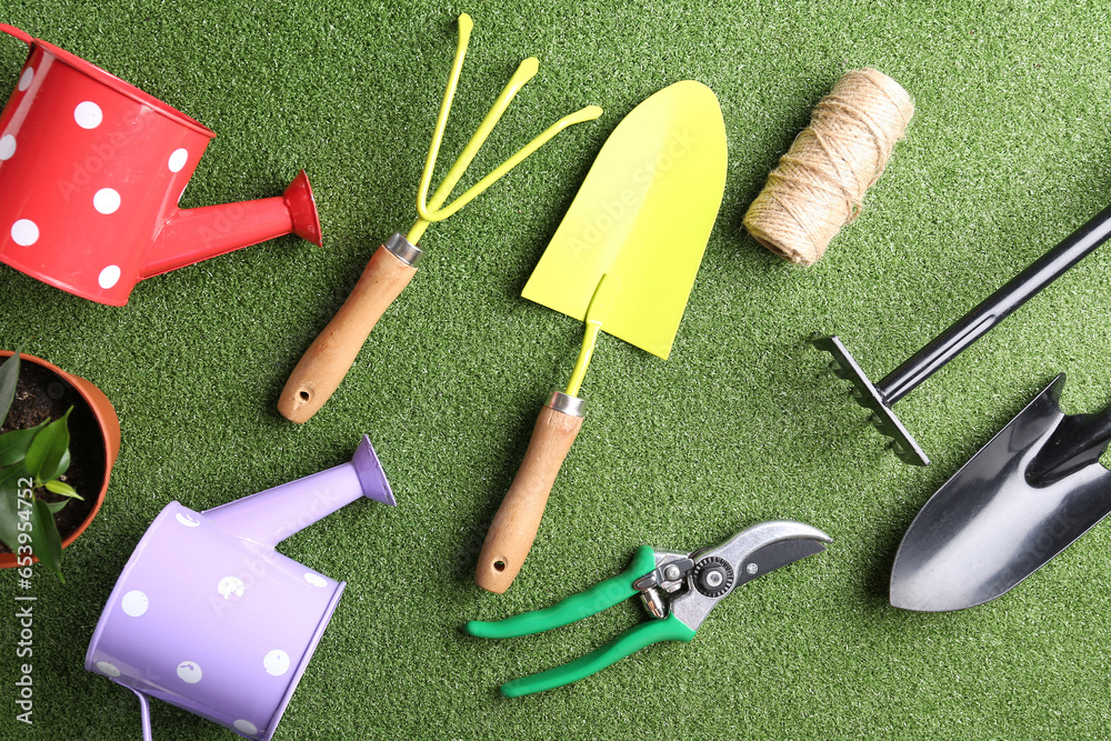 Composition with different gardening tools on color background