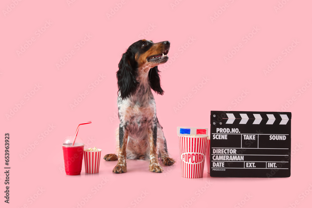 Cute cocker spaniel dog with popcorn buckets, cup of soda, clapperboard and 3D cinema glasses sitting on pink background