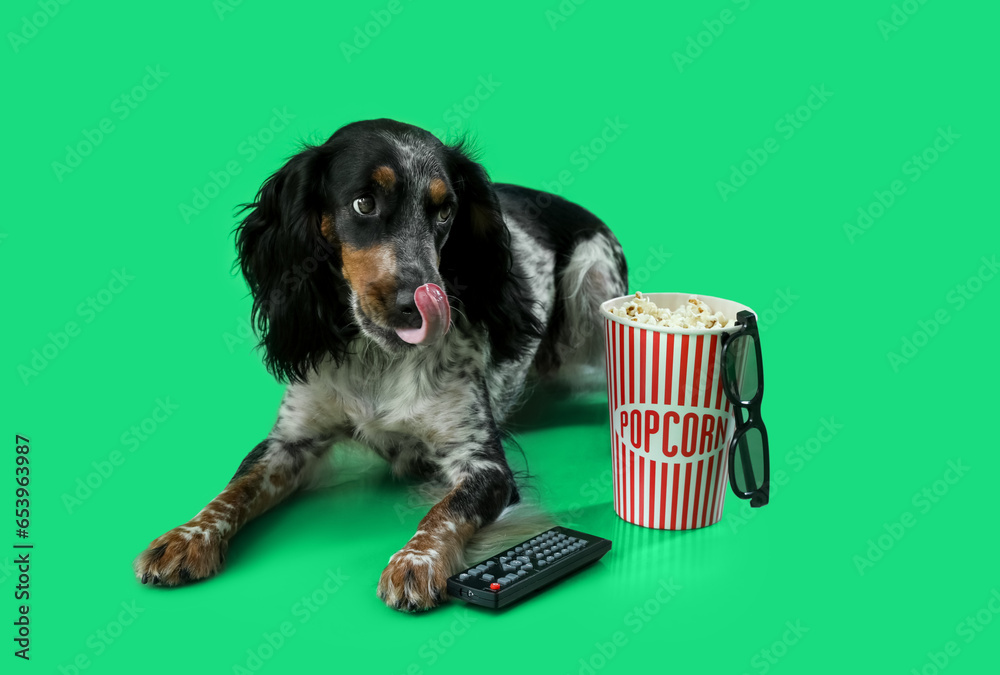 Cute cocker spaniel dog with bucket of popcorn, 3D cinema glasses and TV remote lying on green background