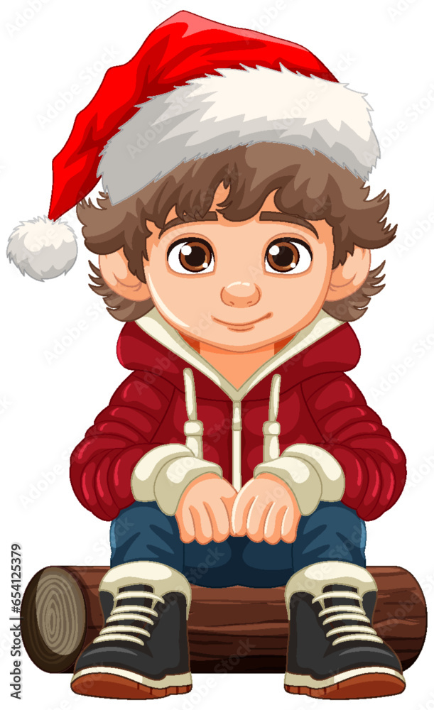 Cheerful Boy with Neutral Expression in Christmas Hat