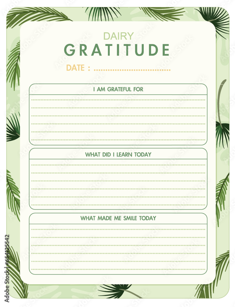 Gratitude Diary Template with Tropical Palm Leaves