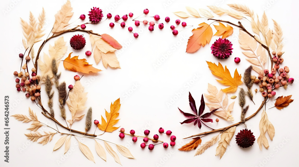 Autumn creative frame composition with dried leaves, chestnuts, red berries and cones on white background. Generative AI